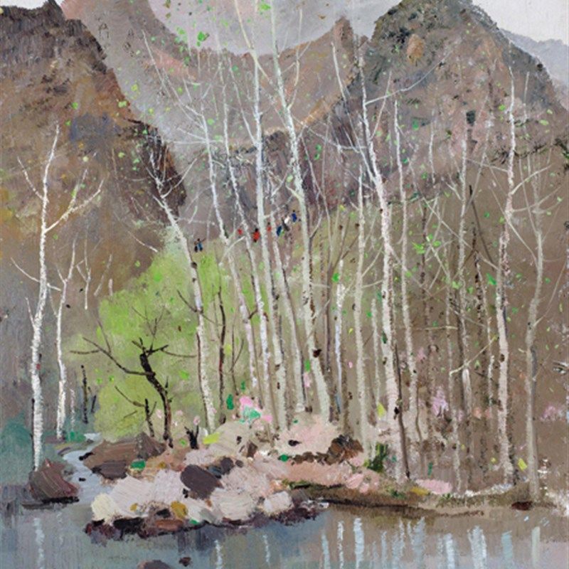 吴冠中复制品木板油画初春风景装饰画客厅手工手绘无框轻奢新中式