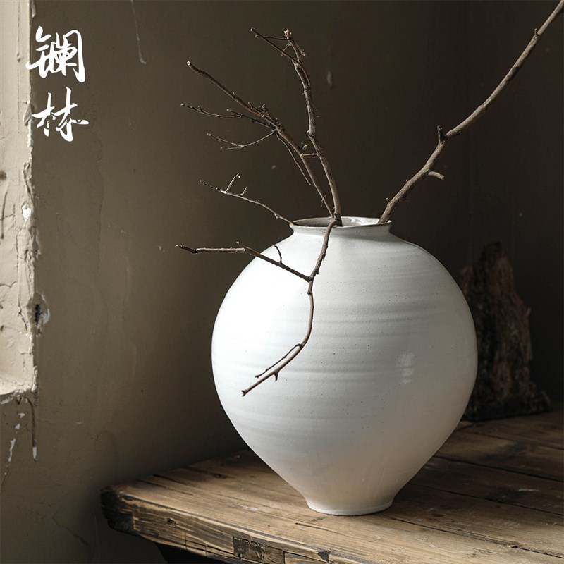 陶瓷花瓶复古新中式白色圆肚陶艺摆件瓶茶空间禅意插花花器月亮罐