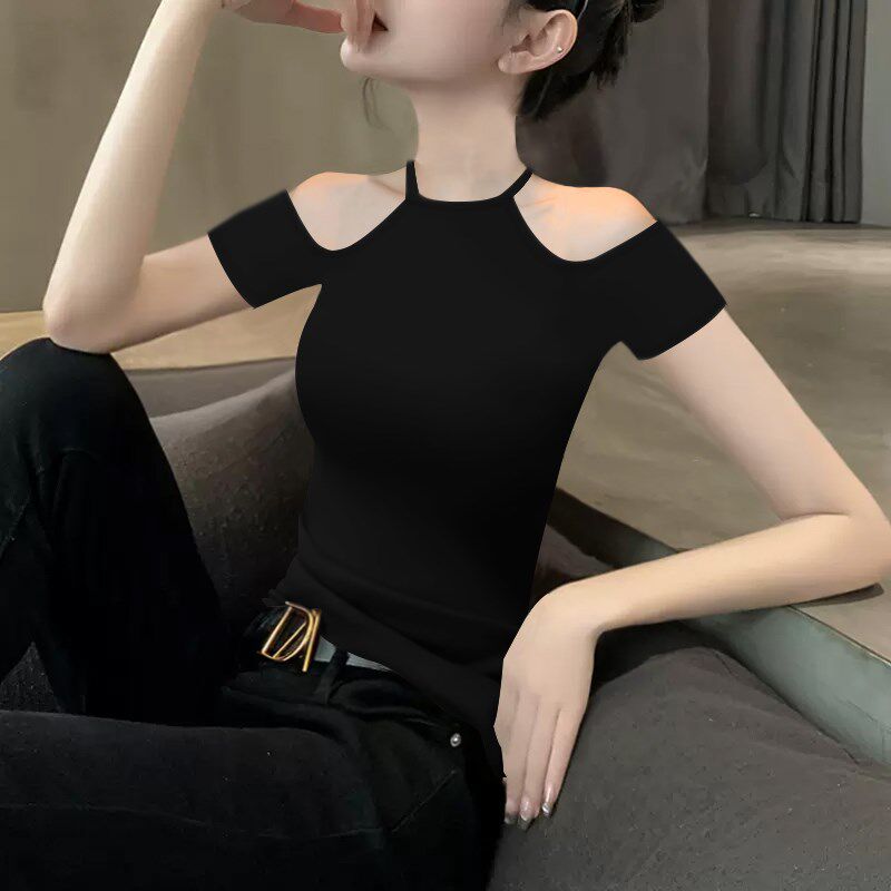 2024新款夏季烟灰色挂脖一字领设计感短袖T恤女薄款小众洋气上衣