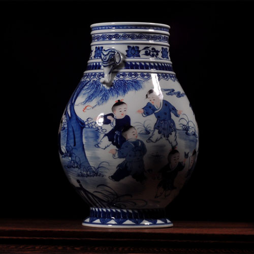 花瓶陶瓷摆件青花瓷 景德镇仿古手绘福桶 高档客厅家用玄关装饰品