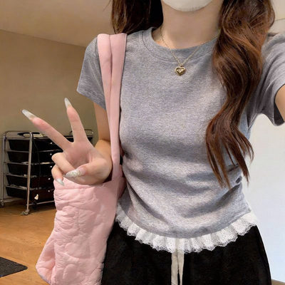 美式灰色正肩蕾丝短袖t恤女上衣