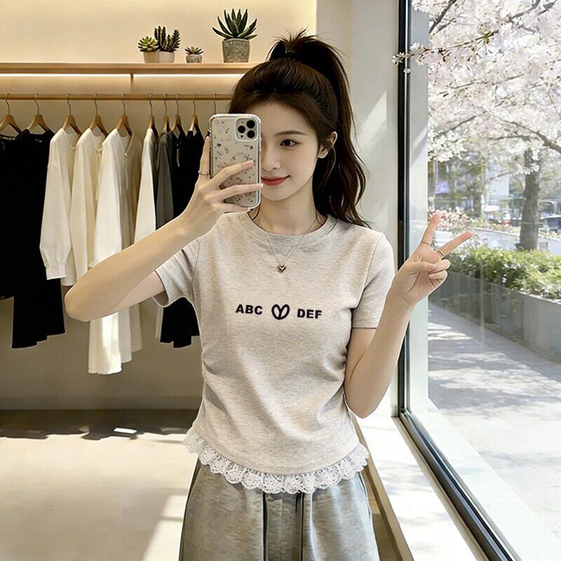 正肩纯棉短袖t恤女夏季设计感甜辣妹修身小个子短款蕾丝拼接上衣