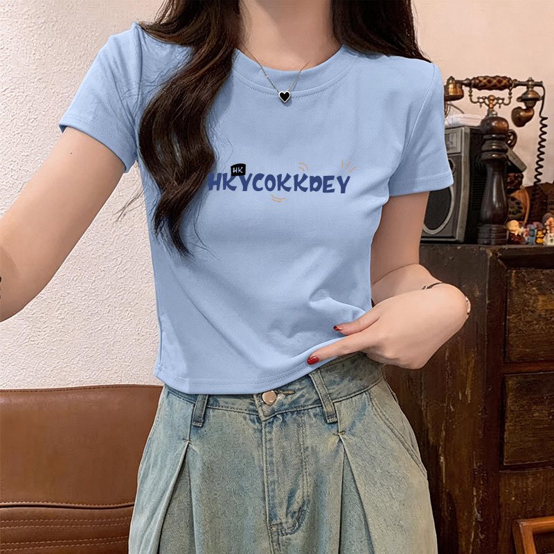 正肩纯棉短袖T恤女浅蓝色上衣