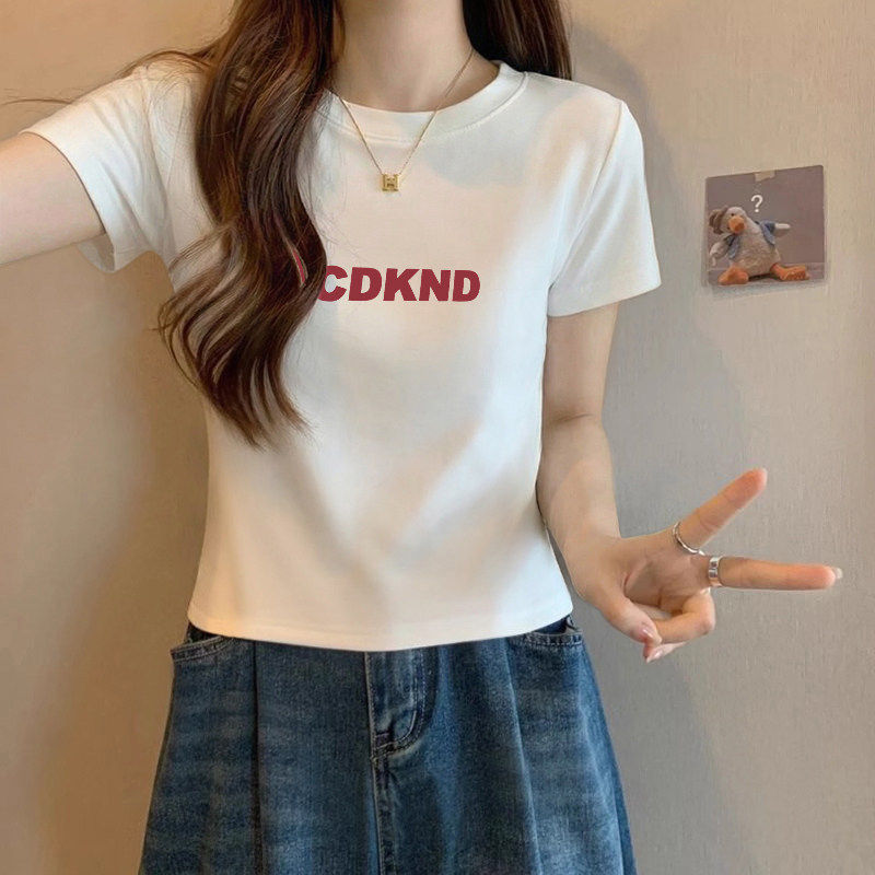 白色圆领印花正肩短袖T恤女夏季新款设计感小众短款辣妹别致上衣