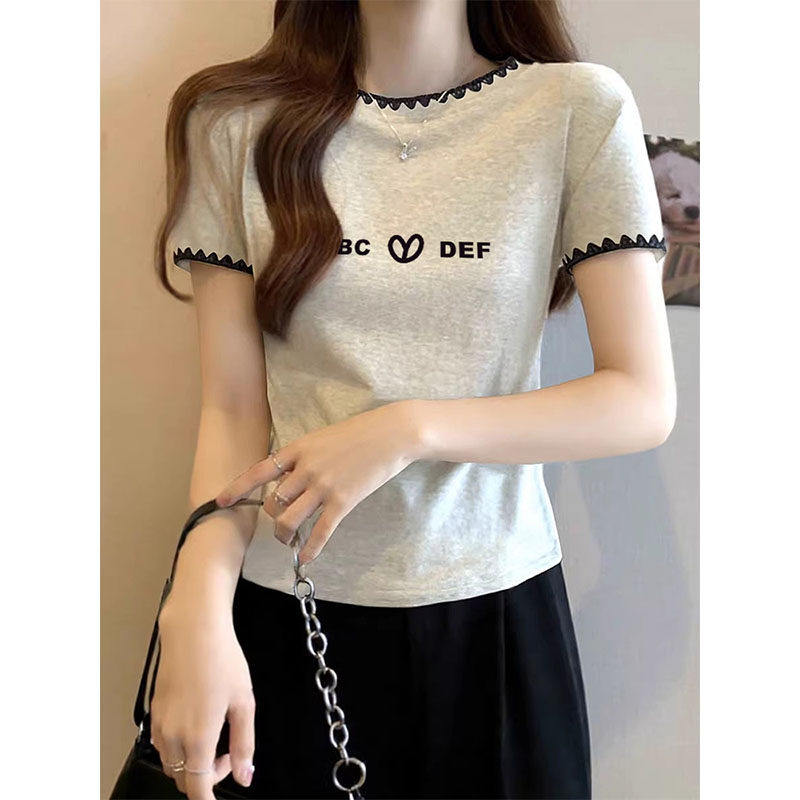 米灰色纯棉短袖T恤女春夏季新款韩系短款减龄高级感刺绣花边上衣