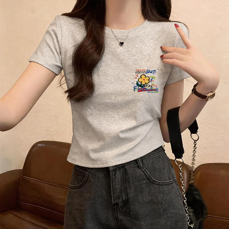 正肩短袖T恤女夏季韩系新款设计感小众修身显瘦辣妹圆领短款上衣