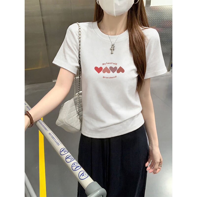 2026夏季新款极简风正肩夏季短袖T恤女白色短款显瘦百搭上衣潮女