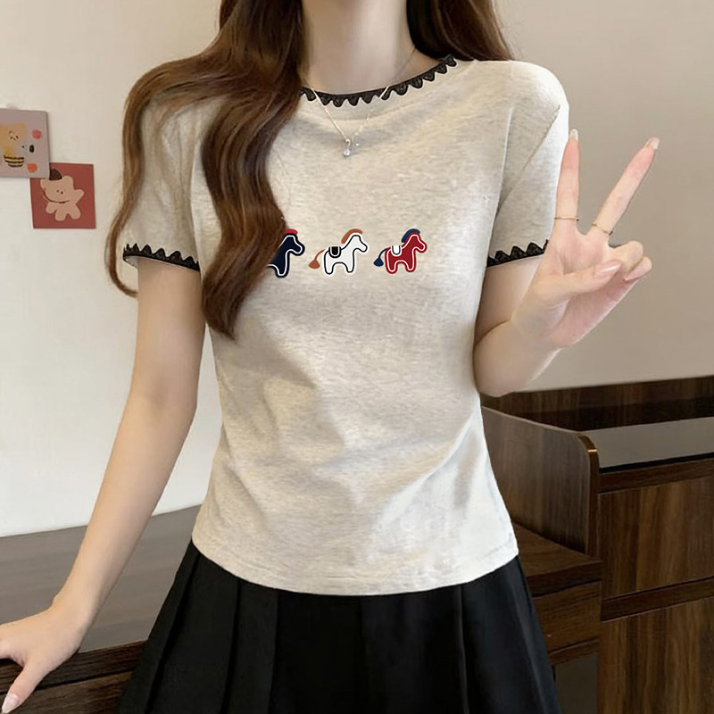 美式复古米灰色t恤女短袖上衣女