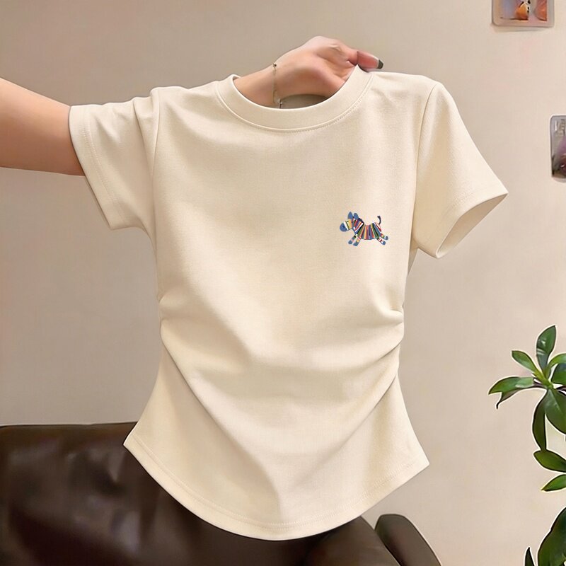 正肩修身显瘦短袖女夏季新款印花圆领棉质短款皱褶收腰t恤上衣潮