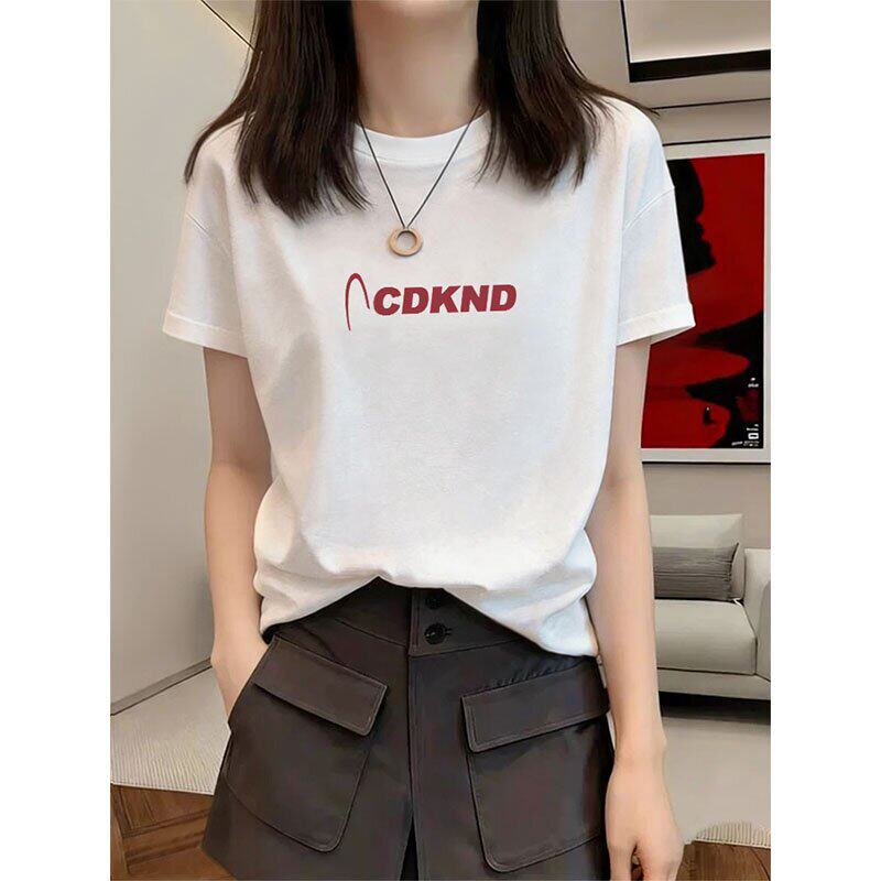 欧货新款棉质白色短袖T恤女夏季正肩小个子显瘦简约印花半袖上衣