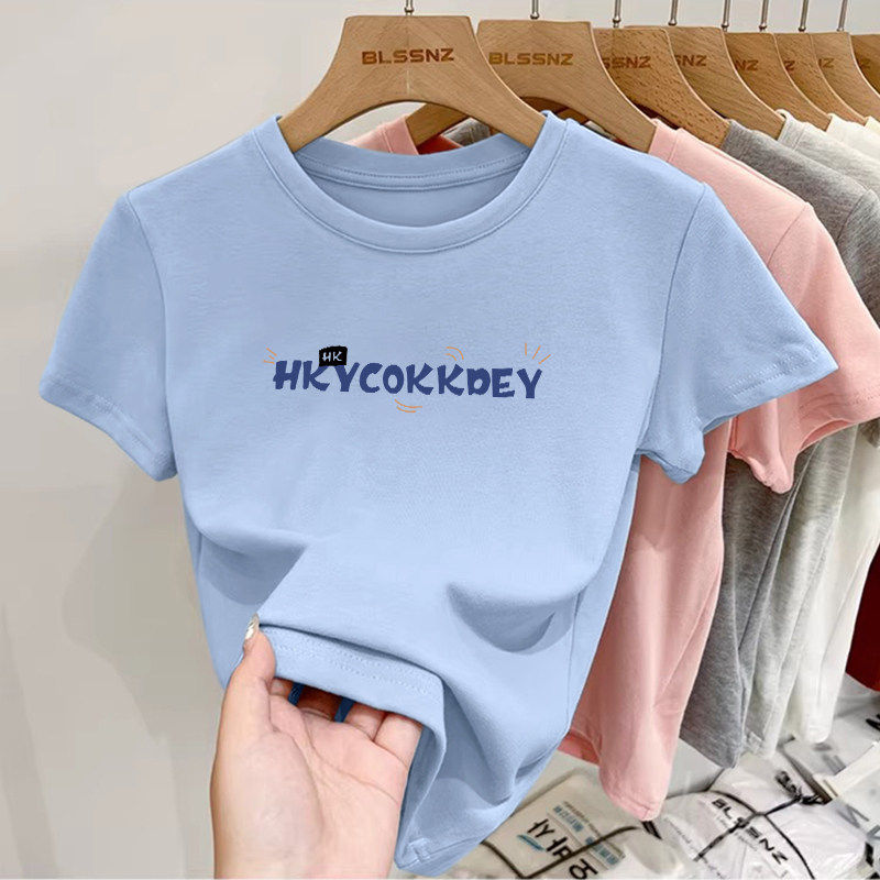 韩系辣妹正肩短袖T恤女夏季新款纯棉小个子显瘦时尚高腰短款上衣