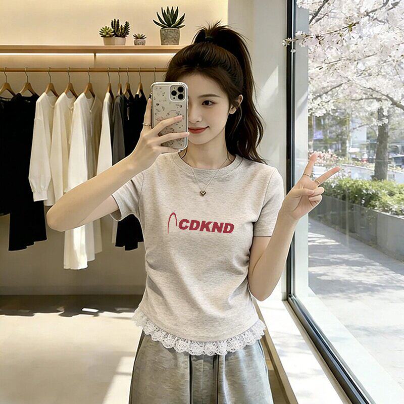 正肩圆领纯棉短袖T恤女短款上衣