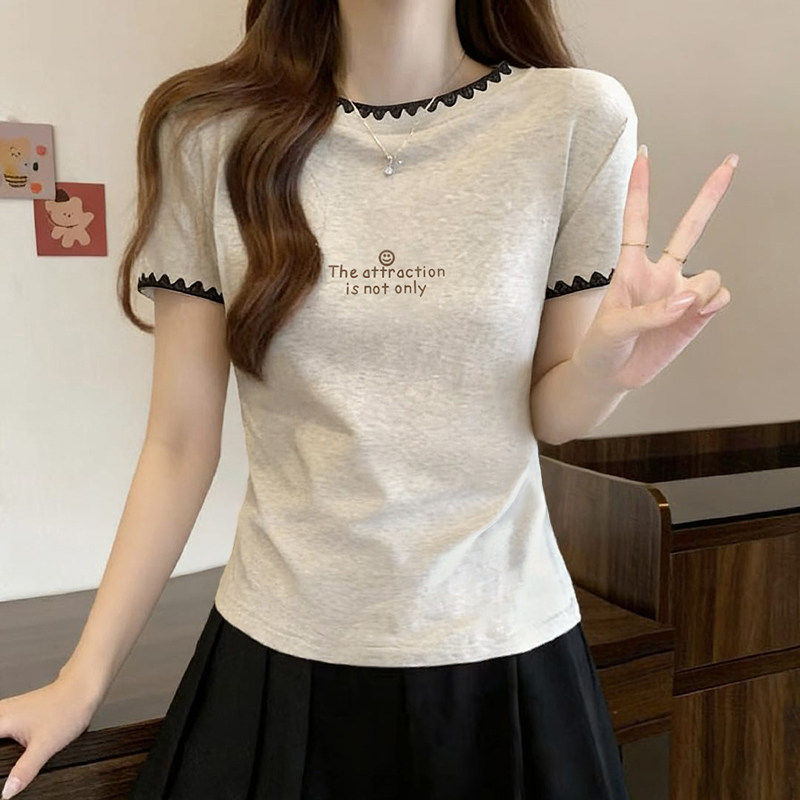 韩系撞色纯棉短袖T恤女2026夏季新款设计感小众花边百搭短款上衣