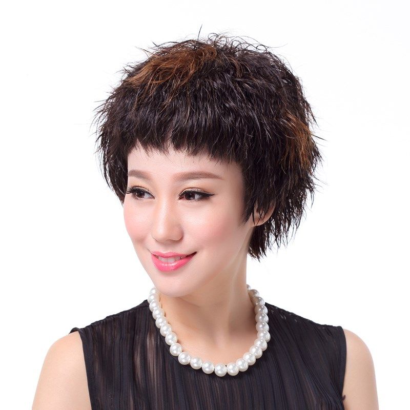 佳秀时尚真发妈妈假发短发女中老年女士真人发丝短卷发手织假发套