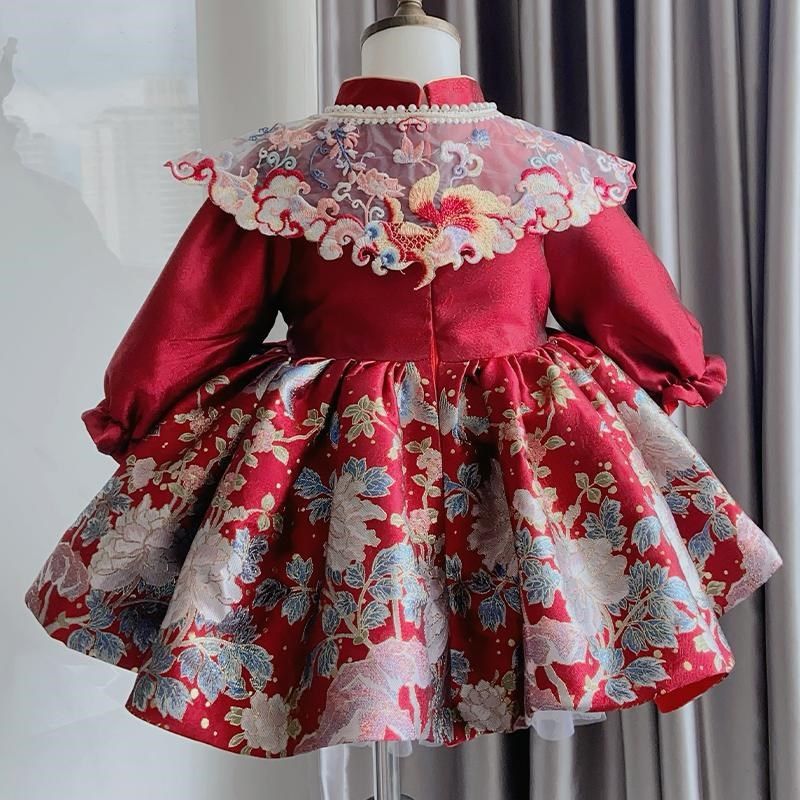 周岁礼服女宝宝中式唐装旗袍婴儿生日抓周红色国风小公主裙秋冬季