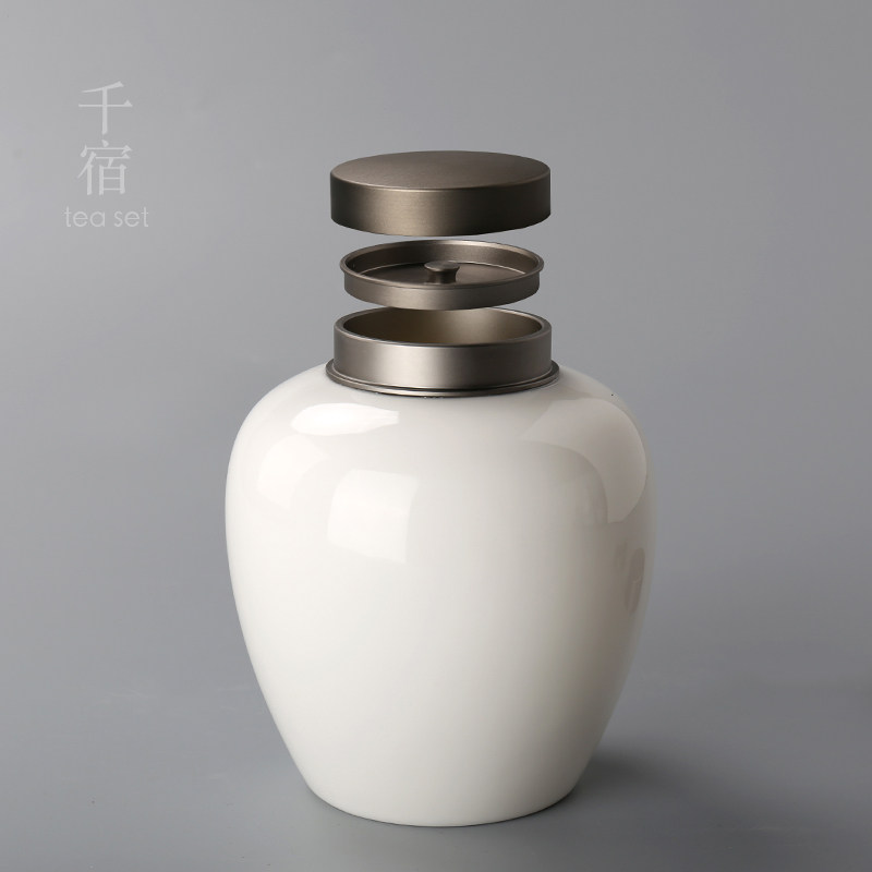 羊脂玉白瓷茶叶罐锡合金陶瓷金属盖密封罐防潮家用储存罐德化白瓷
