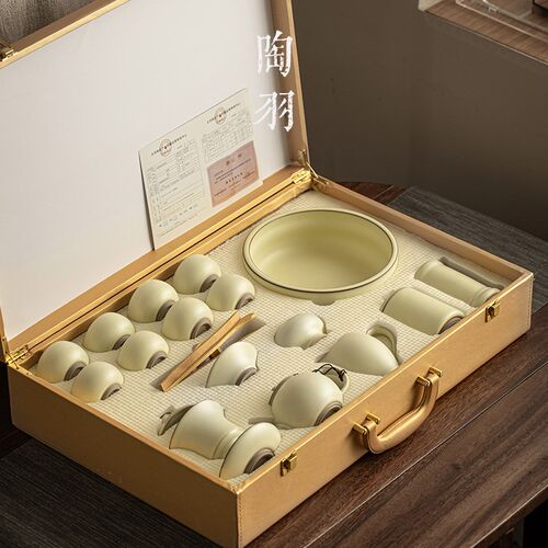 米黄汝窑茶杯茶壶功夫茶具套装家用办公茶具陶瓷盖碗茶壶套装