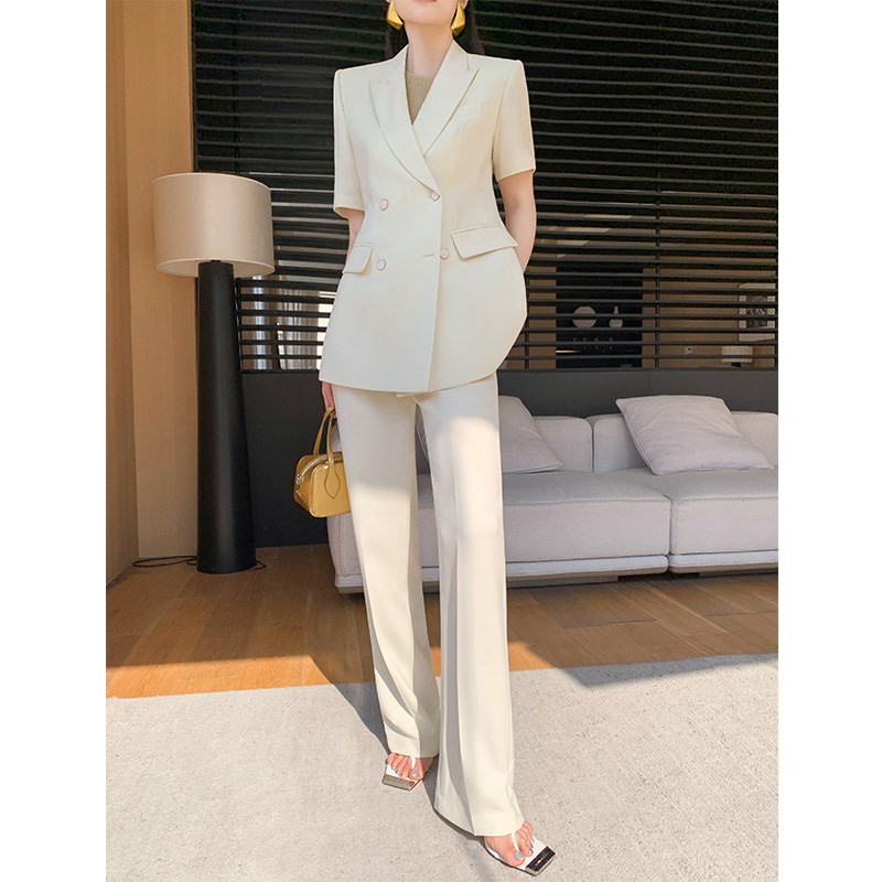 白色小西装套装女2025新款夏季薄款高级感职业阔腿裤休闲西服外套