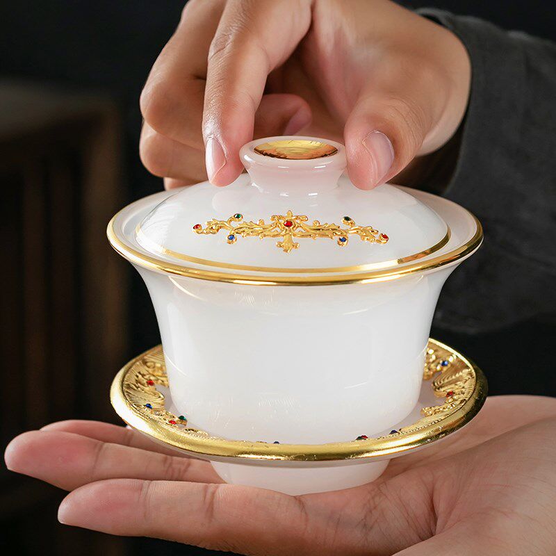 琉璃盖碗玉瓷三才碗家用白玉瓷泡茶碗定制刻字功夫茶具玛瑙大茶碗