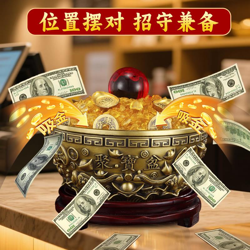 纯黄铜聚宝盆实心客厅招财摆件店铺玄关沈万三铜碗铜盆米缸存钱罐