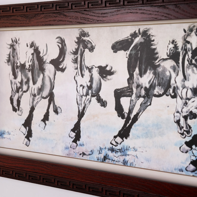 中式大号客厅水墨装饰画奔马图家用字画办公室背景墙木卷轴壁挂画