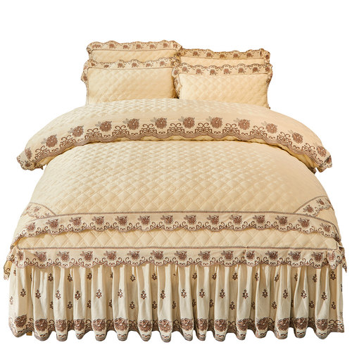 珊瑚牛奶水晶法兰绒夹棉加厚床上用品四件套冬季天双面绒床罩裙款