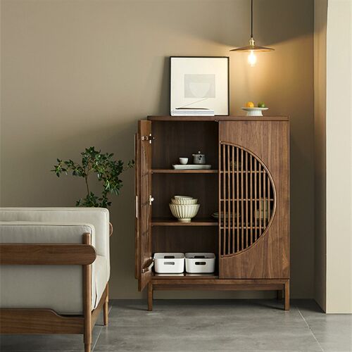 新中式餐边柜实木黑胡桃木餐厅柜储物柜简约边柜茶水柜禅意玄关柜