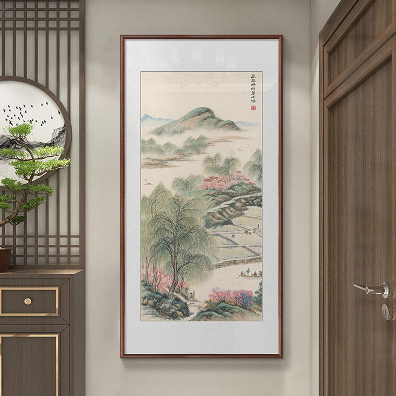 傅抱石山水画新中式玄关装饰画竖版走廊尽头进门挂画春天风景画