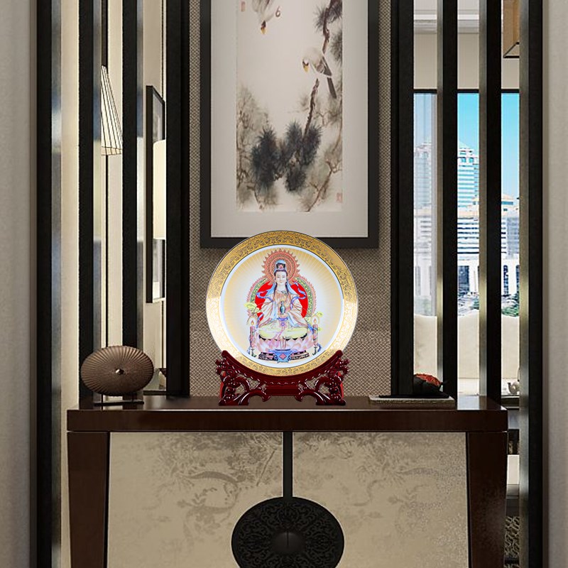 景德镇陶瓷器金佛像观音装饰盘挂盘坐盘家居客厅摆件新中式工艺品