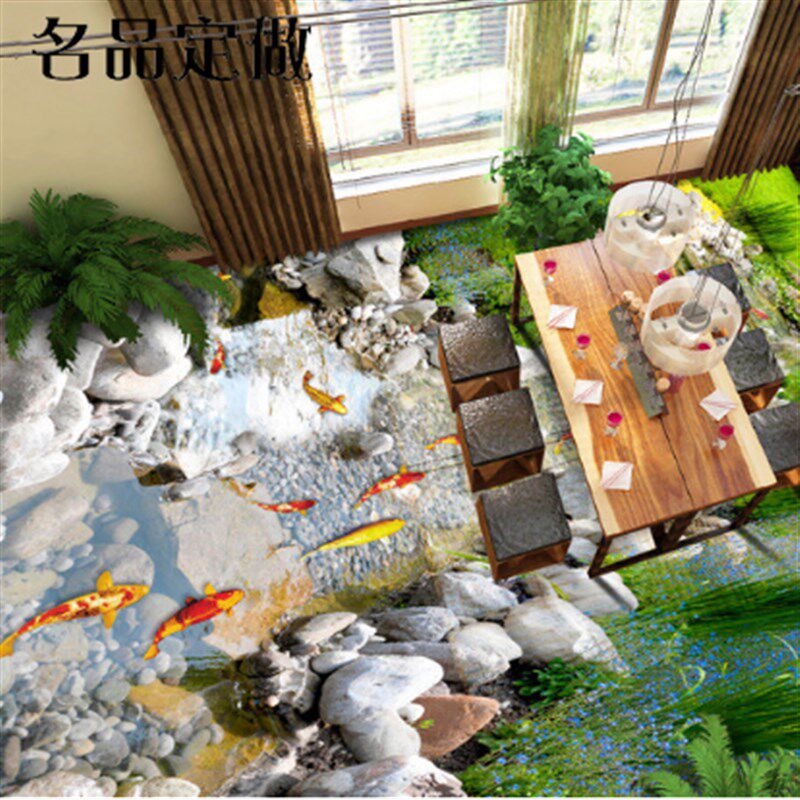 3D立体地板贴画地面个性装饰地板革客厅卧室卫生间地画田园小河
