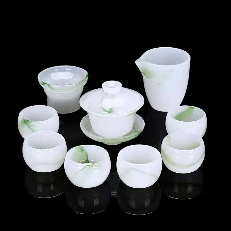 高档白玉全套琉璃玉石简约家用办公盖碗功夫茶具套装玻璃茶杯送礼