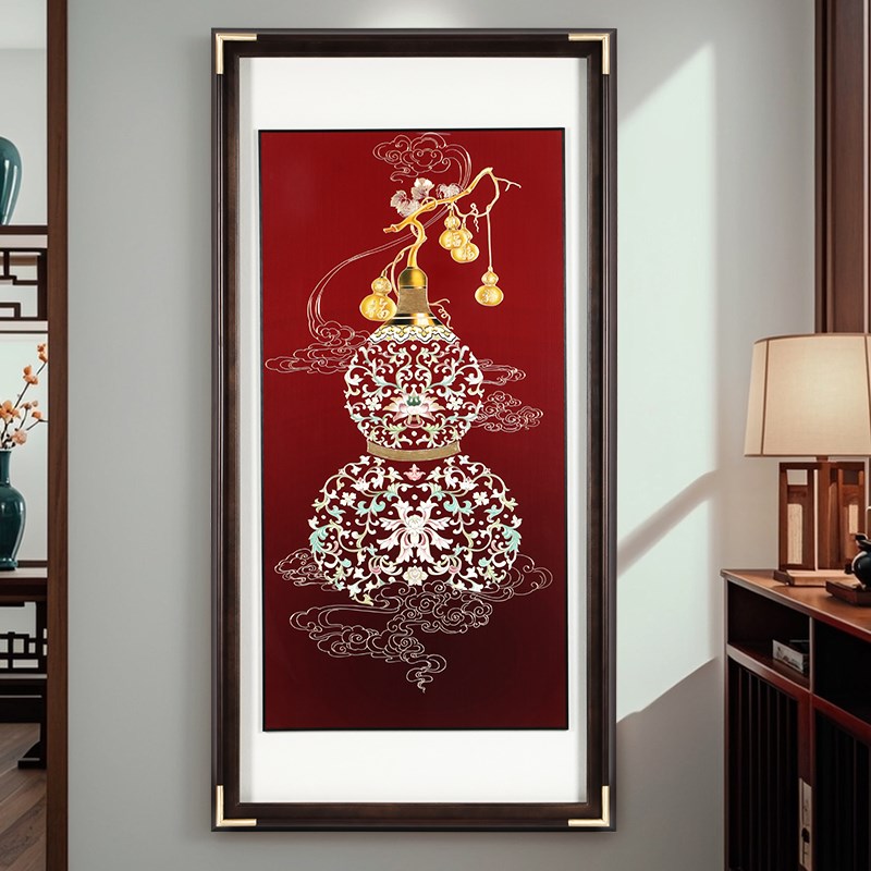 五福临门手工铜板铜雕装饰画竖版走廊玄关福禄寓意好葫芦画新中式