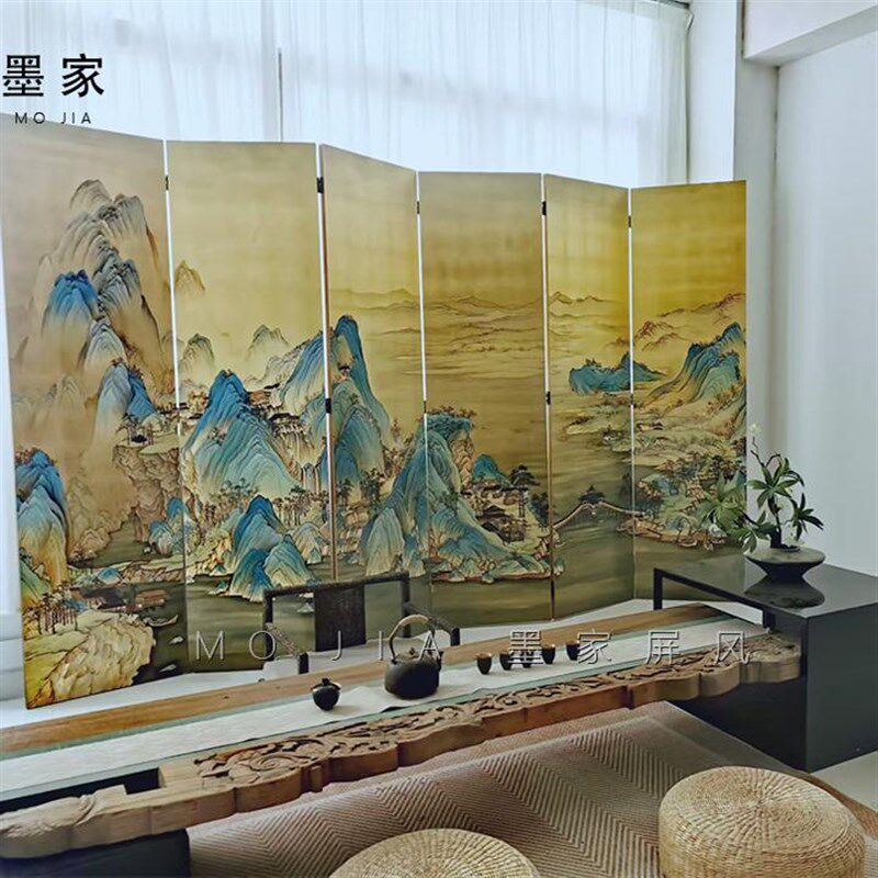 墨家手绘金箔屏风千里江山中式山水画客厅隔断办公室茶室可定制