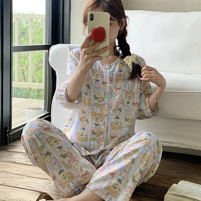 棉绸睡衣女春夏短袖长裤绵绸家居服中袖人造棉套装大码小个子可爱