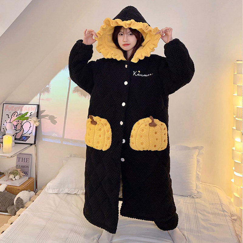 珊瑚绒睡袍女冬季睡衣加厚加绒三层夹棉袄冬季连帽浴袍家居服套装