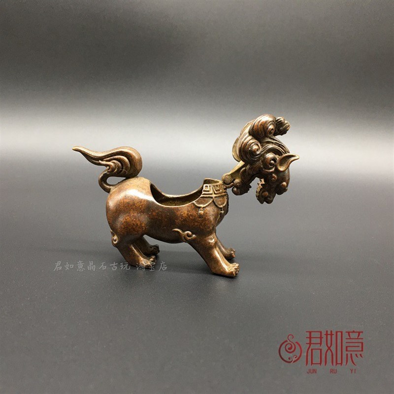 实心铜包浆迷你麒麟香炉摆件 麒麟铜塔香香薰炉小香炉铜器收藏