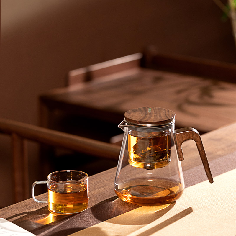 尚明无键飘逸杯泡茶壶磁旋过滤茶壶胡桃木泡茶杯全玻璃内胆茶具