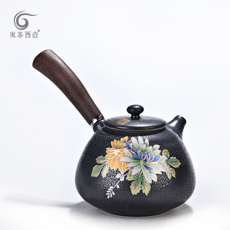 扒花茶壶功夫茶具成艺陶瓷泡茶器单壶大号青花汝瓷黑檀汝窑侧把壶