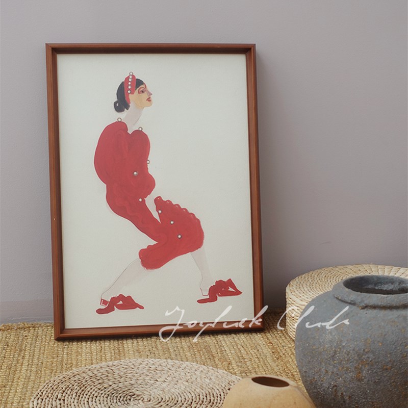 珍珠纽扣中古风挂画小众艺术人物实木框北欧简约客厅设计师装饰画