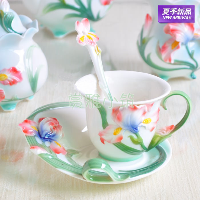 欧式鸢尾花咖啡杯套 欧式家居摆设 咖啡杯碟勺 陶瓷工艺水杯包邮