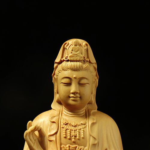 黄杨木雕坐莲净瓶兰花指观音菩萨佛像居家汽车装饰供奉摆件保平安