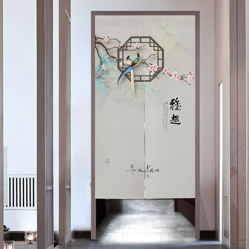 新中式古典花鸟入户门帘卧室玄关隔断帘厨房卫生间挂帘魔术贴布艺