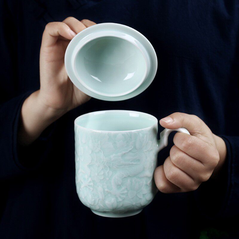景德镇陶瓷茶杯影青雕刻礼品杯子带盖泡茶杯办公杯老板杯家用水杯