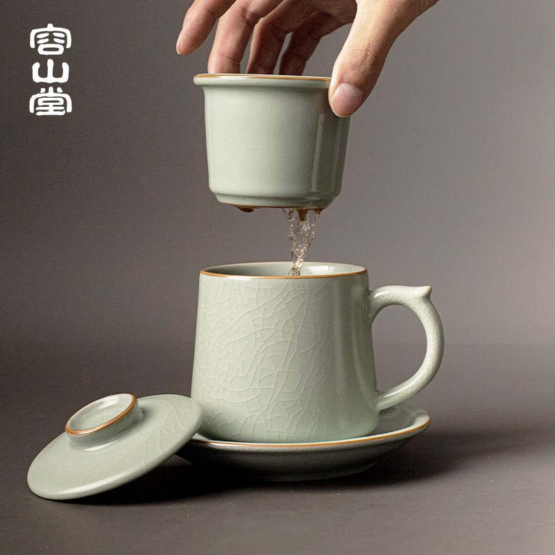 容山堂天青汝瓷茶杯茶水分离中秋送礼办公杯中式风格