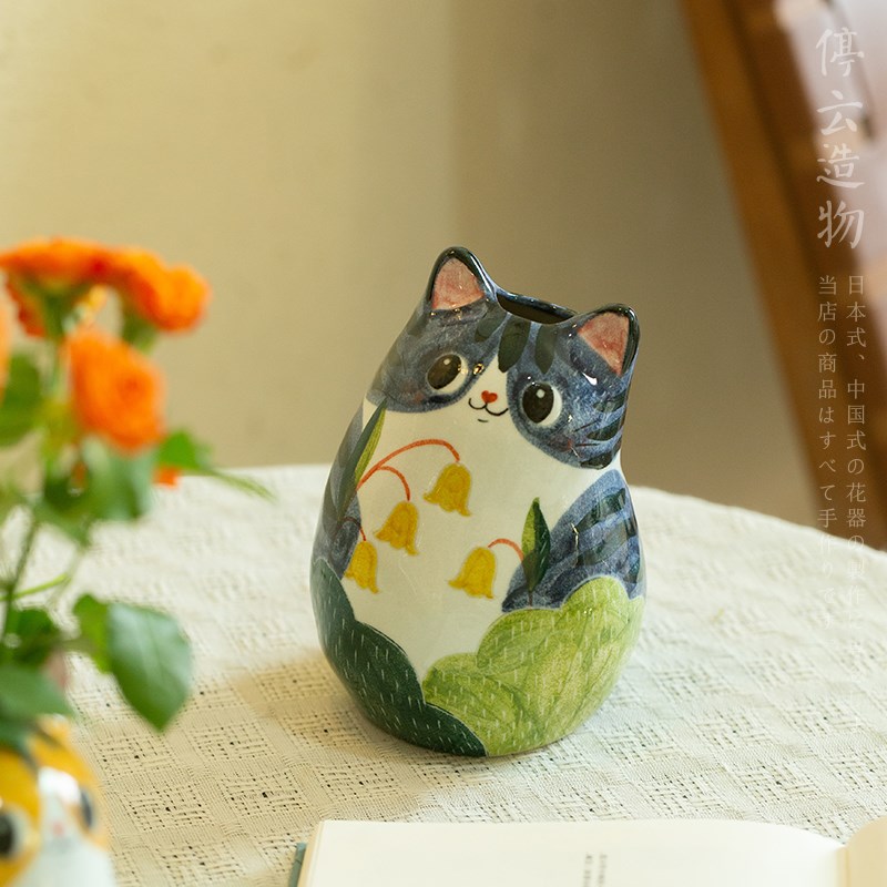 观瓷 猫形插花花器创意手绘陶瓷花瓶景德镇手工可爱猫咪摆件装饰