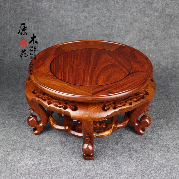 红木工艺品圆形红檀木海堂花几 花瓶盆景鱼缸架 奇石摆件实木底座