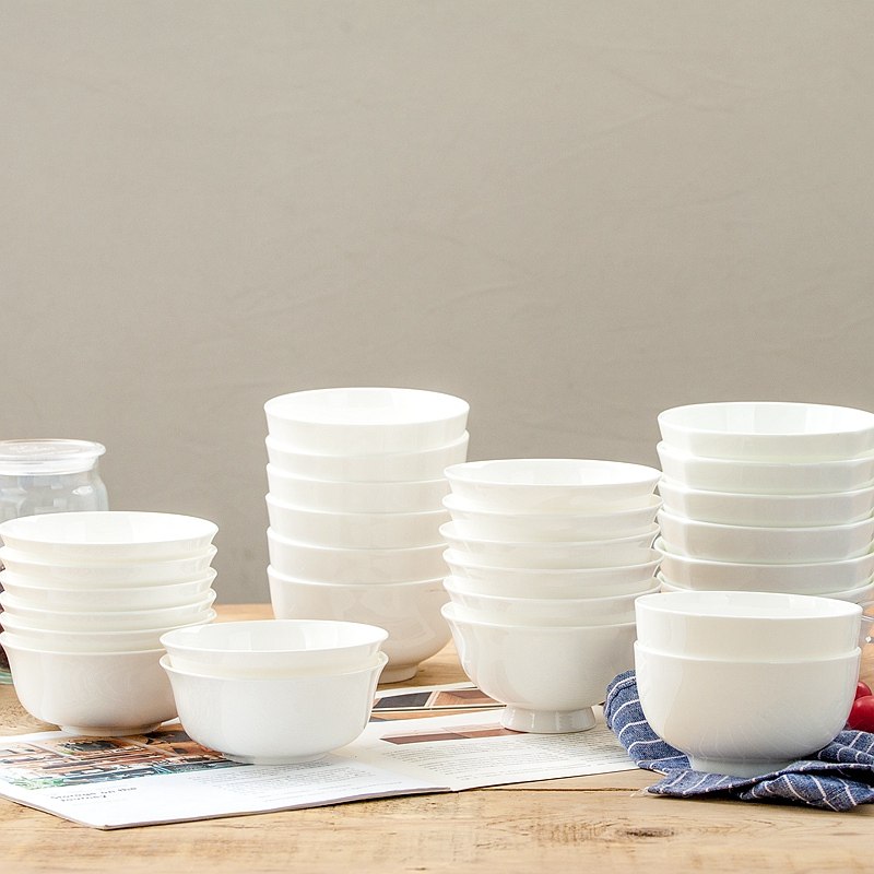 纯白骨瓷饭碗8个组合家用陶瓷简约餐具套装防烫高脚碗5英寸米饭碗