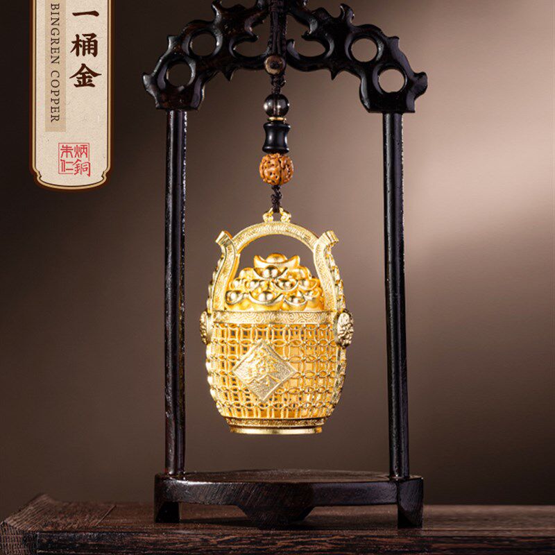 朱秉仁铜器,一桶金吊坠香包,香薰饰品,金丝招财,精致书房桌面装饰