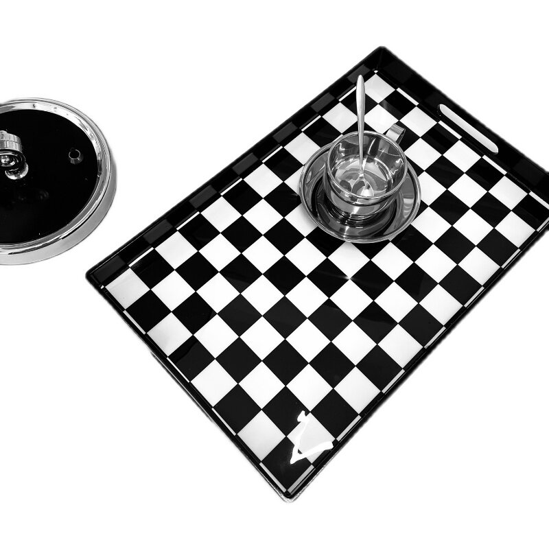 INS中古网红黑白棋盘格子托盘茶水盘装饰茶几玄关收纳托盘长方形