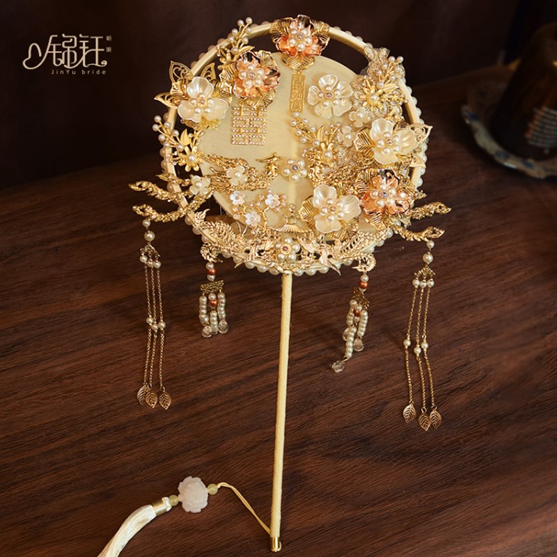 锦钰新娘结婚秀禾团扇新中式古风重手工成品遮面扇红色花朵团扇子